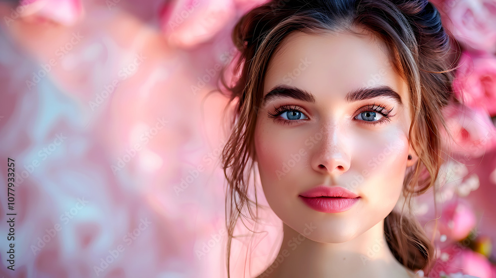 Radiant Woman with Soft Look Against Floral Background Radiant Woman with Soft Look Against Floral Background