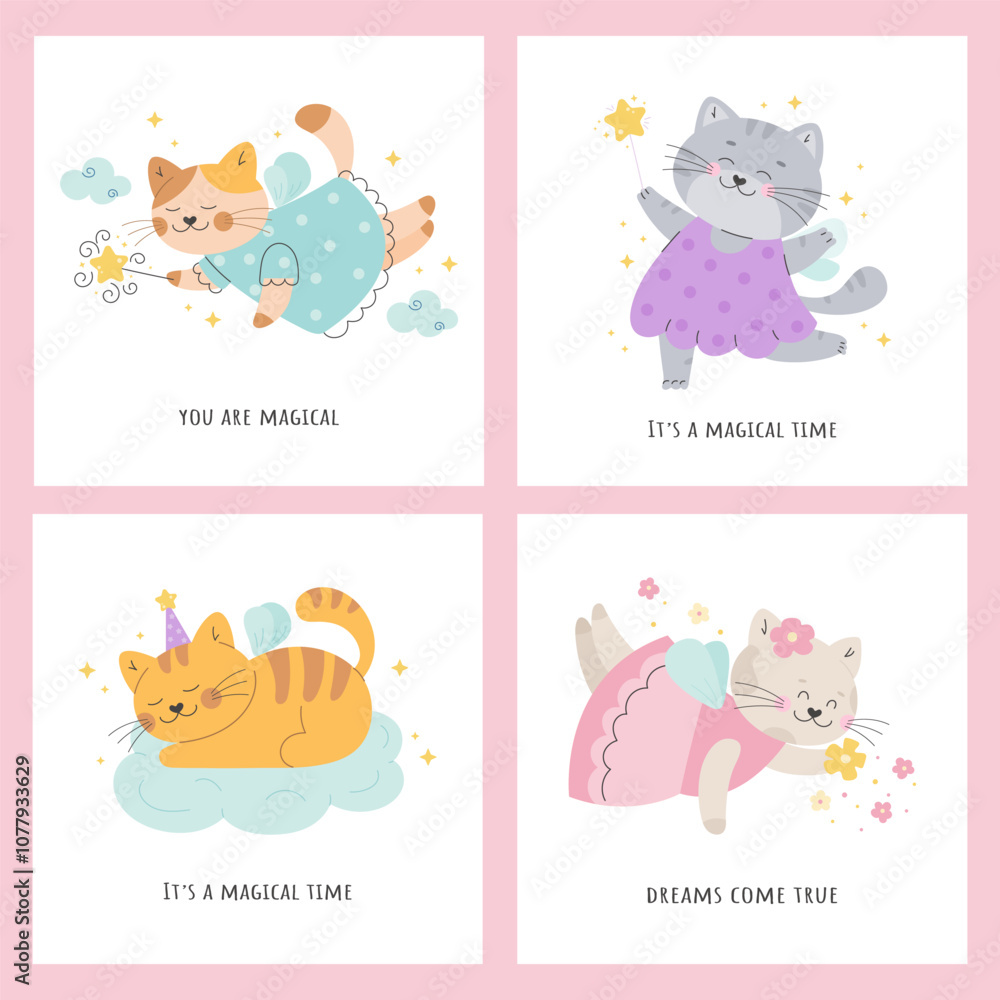 Fototapeta premium Children magic posters set with fairy tale cats