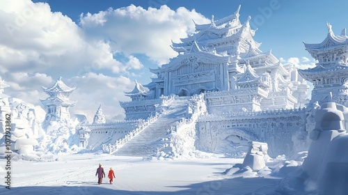 Visitors at the Enchanting Giant Snow Temples and Sculptures at the Sapporo Snow Festival a Captivating Winter of Art Culture and Tradition photo