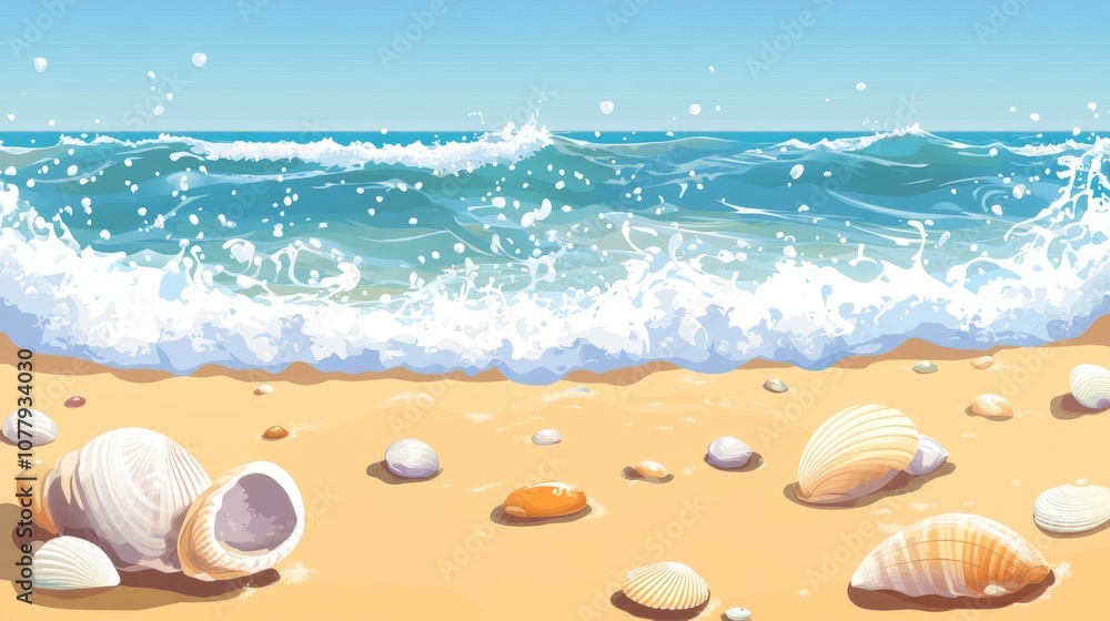 a sandy beach with seashells and pebbles scattered around, set under a clear blue sky a sandy beach with seashells and pebbles scattered around, set under a clear blue sky