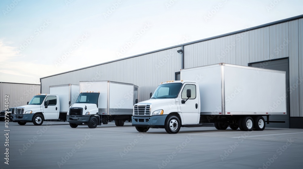 Fototapeta premium Three Delivery Trucks Parked Outside a Warehouse