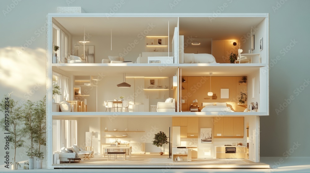3D illustration of a sliced open house, exposing beautifully furnished interior spaces in each room for a unique perspective 3D illustration of a sliced open house, exposing beautifully furnished interior spaces in each room for a unique perspective