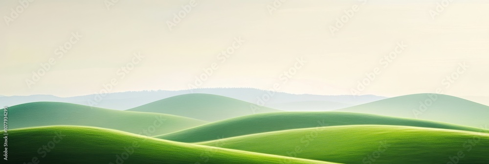 Serene Green Landscape: Minimalist View of Rolling Hills Meeting Distant Horizon under Bright Sky Serene Green Landscape: Minimalist View of Rolling Hills Meeting Distant Horizon under Bright Sky