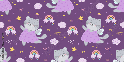 Seamless pattern with cute fairy tale cat