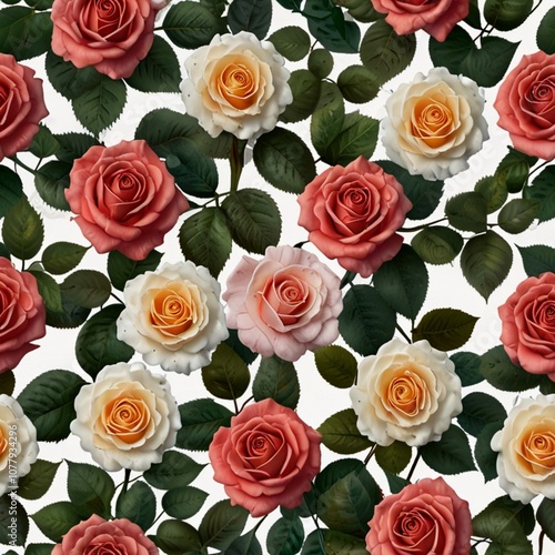 rose flowers and leaves on white background Generative AI 