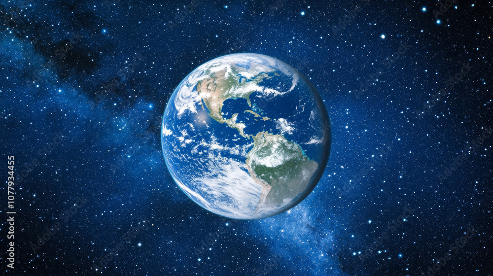 Fototapeta premium Earth in space universe planet with shiny star dark blue technology science background with copy space. astronomy starry sky shimmering glow wallpaper