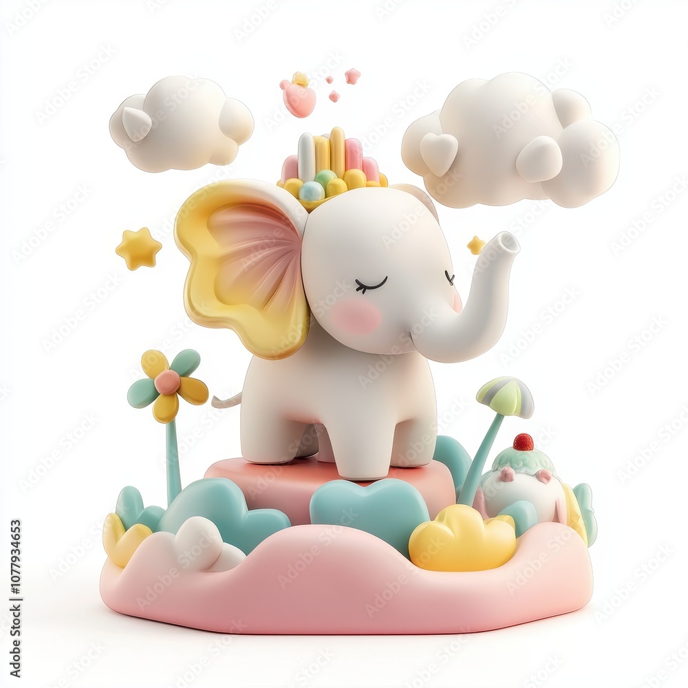Naklejka premium Cute Elephant Figures with Clouds and Flowers Decoration