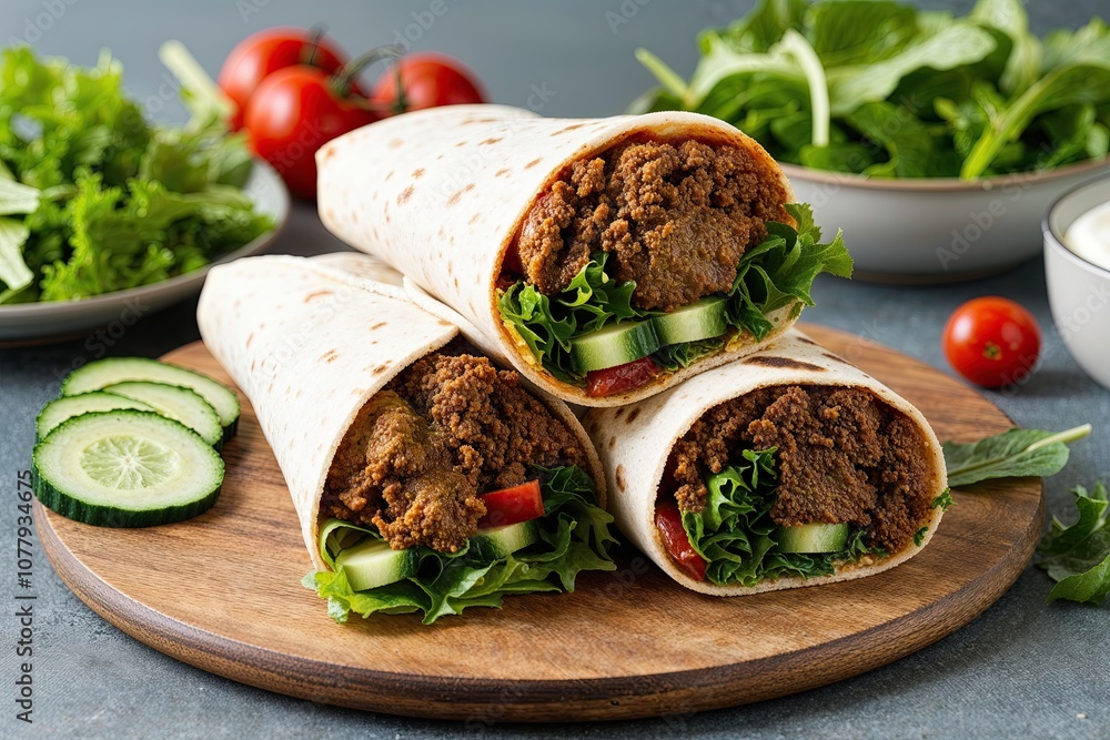 Delicious Gourmet Shawarma Wrap Loaded with Fresh Greens and Crisp Cucumbers Delicious Gourmet Shawarma Wrap Loaded with Fresh Greens and Crisp Cucumbers
