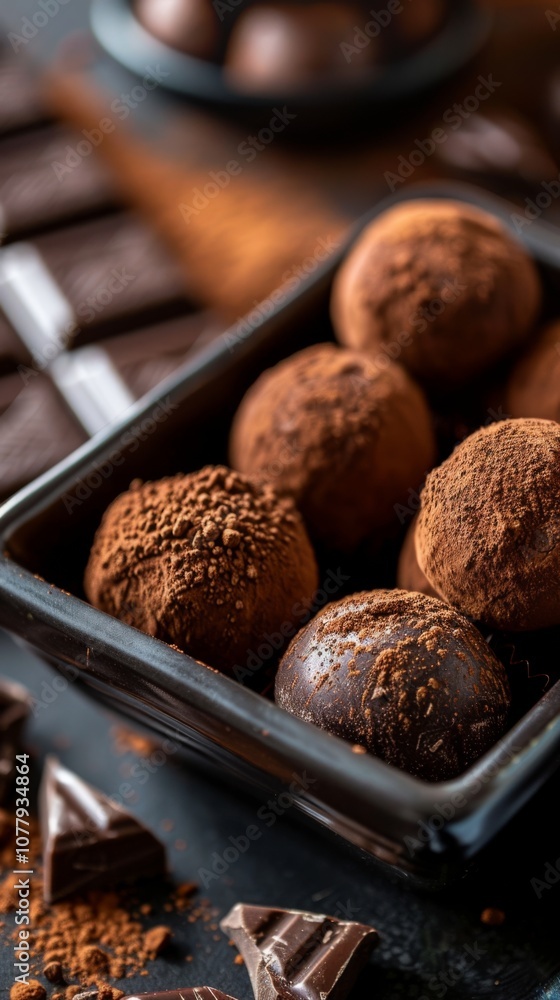 Dark chocolate truffles dusted with cocoa powder in container, emphasizing their rich, velvety texture Dark chocolate truffles dusted with cocoa powder in container, emphasizing their rich, velvety texture