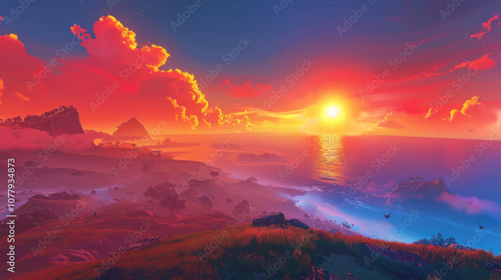 The sun dipping below the distant horizon, casting warm light across the landscape and filling the sky with vibrant colors. The sun dipping below the distant horizon, casting warm light across the landscape and filling the sky with vibrant colors.