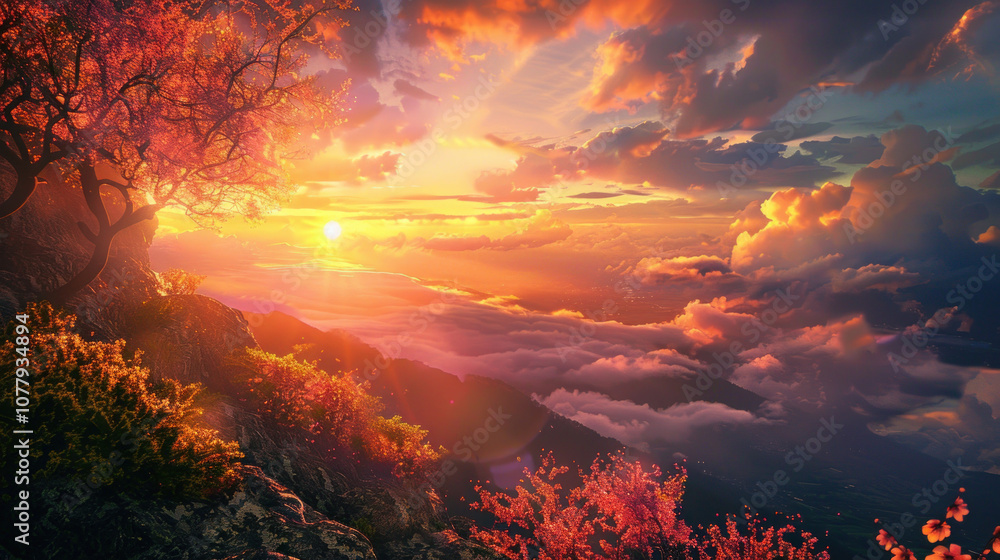 The sun dipping below the distant horizon, casting warm light across the landscape and filling the sky with vibrant colors. The sun dipping below the distant horizon, casting warm light across the landscape and filling the sky with vibrant colors.