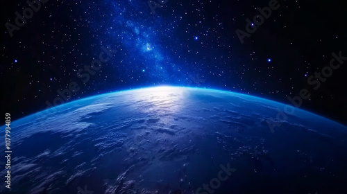 Fototapeta Naklejka Na Ścianę i Meble -  Earth in space universe planet with shiny star dark blue technology science background with copy space. astronomy starry sky shimmering glow wallpaper