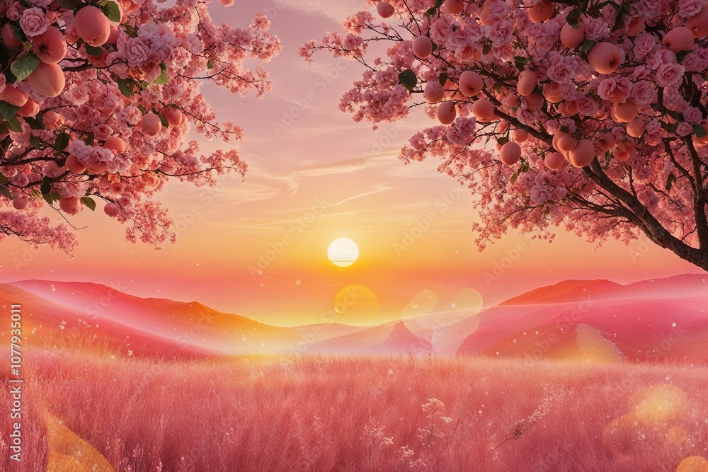 Enchanting Peach Sunset Landscape with Flare and Dreamlike Atmosphere Enchanting Peach Sunset Landscape with Flare and Dreamlike Atmosphere