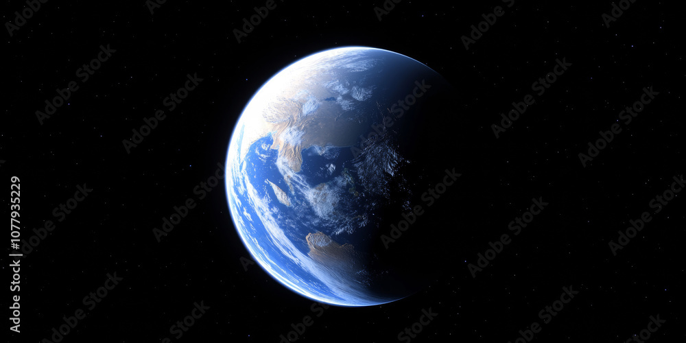 Fototapeta premium Earth in space universe planet with shiny star dark blue technology science background with copy space. astronomy starry sky shimmering glow wallpaper