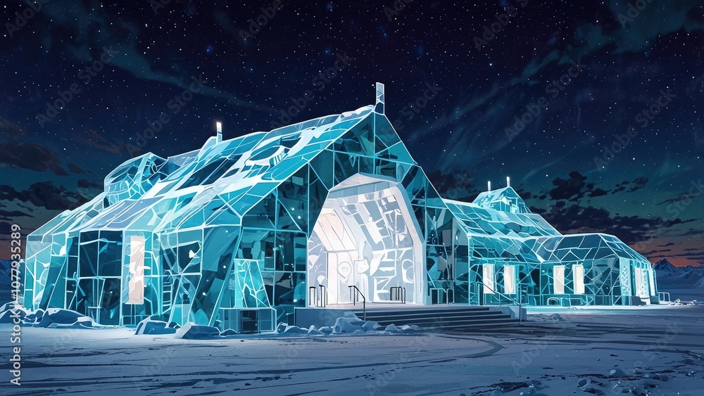  A futuristic ice hotel with sleek, geometric designs and luminous ice sculptures, illuminated by colorful lights against a backdrop of a starry night sky.