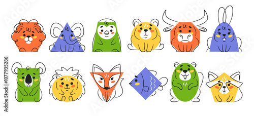 Cute geometric shapes and figures with funny animals faces and paw body parts isolated set