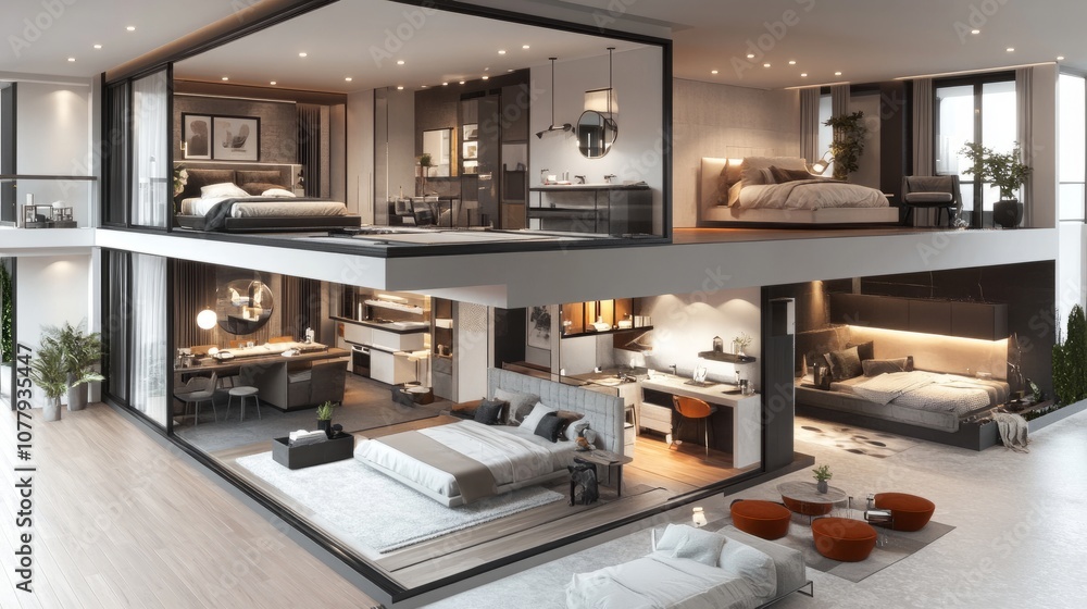 Realistic 3D sliced house concept showing cross-sectional views of furnished rooms, from bedroom to bathroom, in a modern layout. Realistic 3D sliced house concept showing cross-sectional views of furnished rooms, from bedroom to bathroom, in a modern layout.