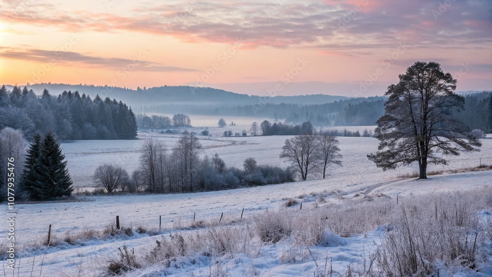 Captivating Sunrise Over a Winter Forest with a Snow-Covered Field, Showcasing the Beauty of Nature's Tranquility and Serene Winter Landscapes in the Early Morning Light Captivating Sunrise Over a Winter Forest with a Snow-Covered Field, Showcasing the Beauty of Nature's Tranquility and Serene Winter Landscapes in the Early Morning Light
