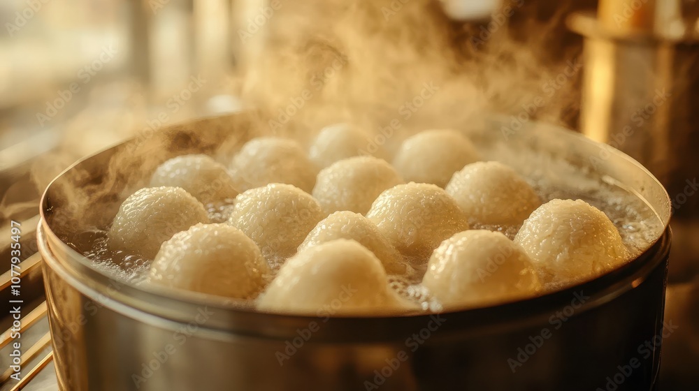 Steaming glutinous rice cakes in a traditional steamer evokes festive cooking traditions Steaming glutinous rice cakes in a traditional steamer evokes festive cooking traditions