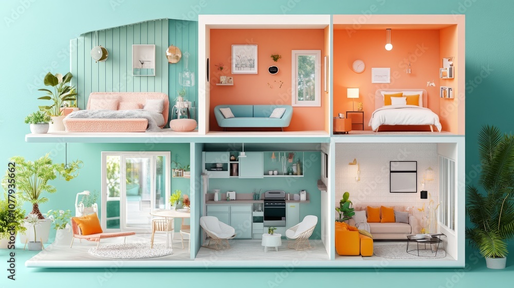 Sliced 3D house illustration with open walls, revealing interior rooms such as the kitchen, bedroom, and living room with realistic furniture. Sliced 3D house illustration with open walls, revealing interior rooms such as the kitchen, bedroom, and living room with realistic furniture.