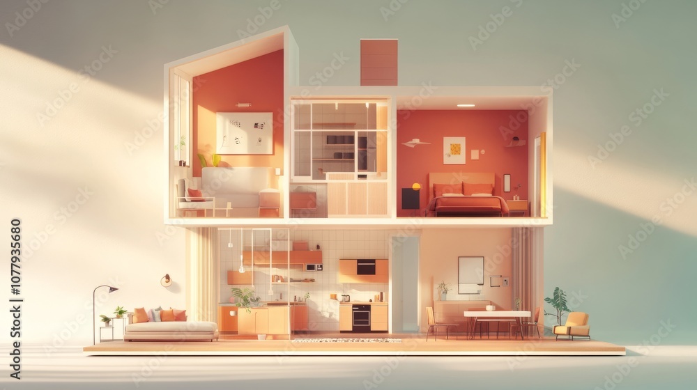 Fototapeta premium Sliced 3D house illustration with open walls, revealing interior rooms such as the kitchen, bedroom, and living room with realistic furniture.