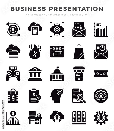 Set of 25 Business Presentation Glyph Icons Pack.