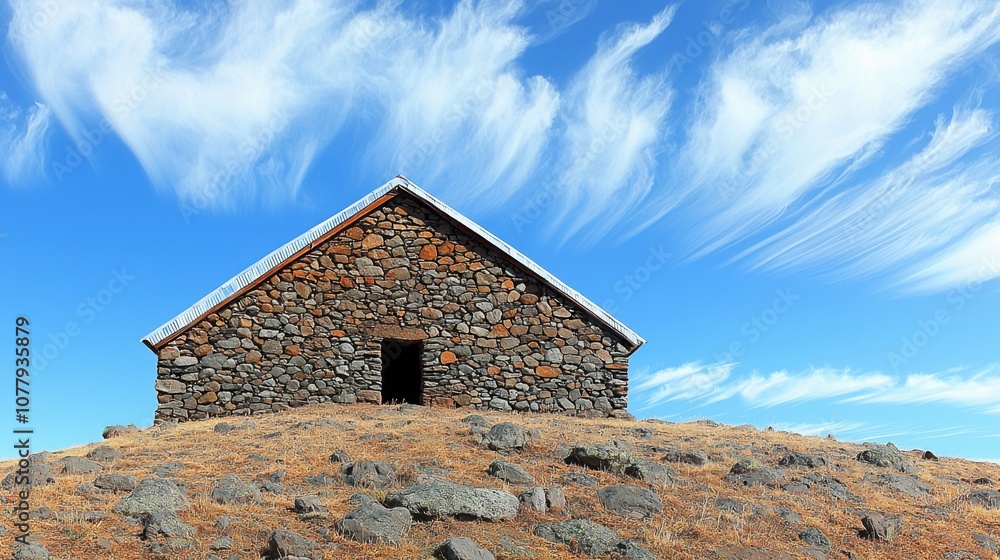 Rustic Stone Hut on Hilltop Blue Sky Cirrus Clouds Landscape Rustic Stone Hut on Hilltop Blue Sky Cirrus Clouds Landscape