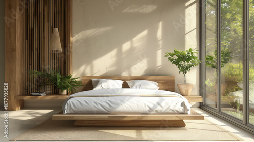 Minimalist bedroom with a low-profile bed, soft white bedding, a simple wooden nightstand, and large windows showcasing views of a green garden. interior design concept 