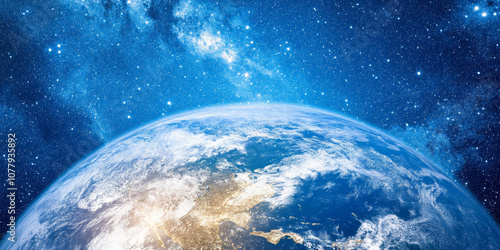 Fototapeta Naklejka Na Ścianę i Meble -  3D planet earth in space universe with shiny star dark blue technology science background with copy space. astronomy starry sky shimmering glow wallpaper