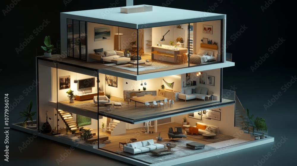 Sliced open 3D house with visible interior rooms and furnishings, showing a detailed floor plan and stylish decor choices. Sliced open 3D house with visible interior rooms and furnishings, showing a detailed floor plan and stylish decor choices.