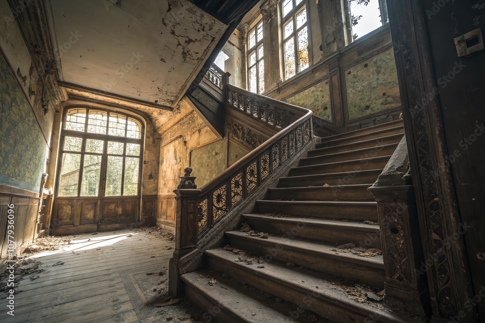 Obraz premium Captivating Urban Exploration of Weathered Wooden Stairs in an Abandoned Building, Showcasing Textures and Shadows for Architectural Photography Enthusiasts