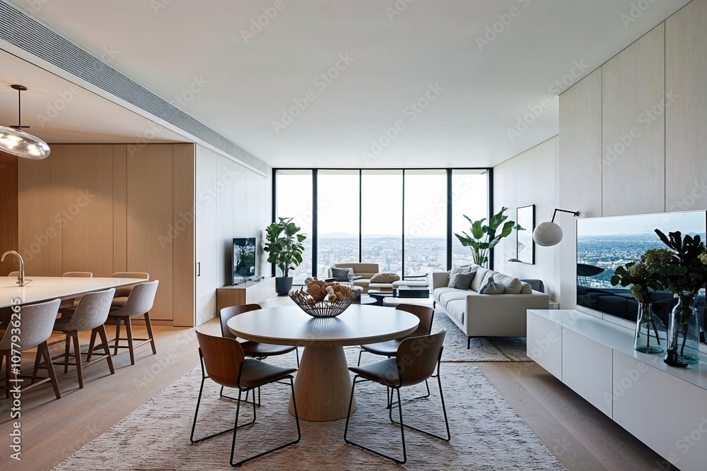 Stylish Minimalist Apartment Design with Open-Plan Living and Dining Areas Light Walls and Stunning Views Stylish Minimalist Apartment Design with Open-Plan Living and Dining Areas Light Walls and Stunning Views