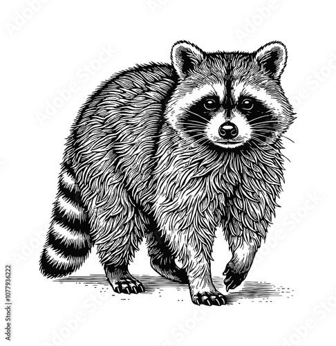 racoon engraving black and white outline