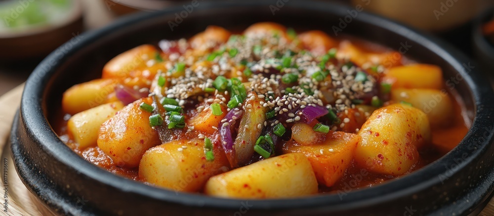 Close-up of a bowl of Korean tteokbokki, a spicy dish made with rice cakes, vegetables, and a red chili pepper sauce. Close-up of a bowl of Korean tteokbokki, a spicy dish made with rice cakes, vegetables, and a red chili pepper sauce.