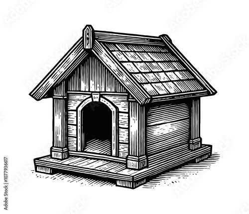 dog house engraving black and white outline