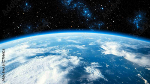 3D planet earth in space universe with shiny star dark blue technology science background with copy space. astronomy starry sky shimmering glow wallpaper