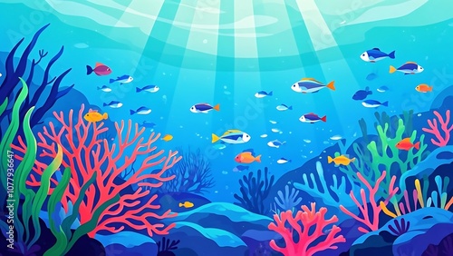 A vibrant coral reef under the sea - A vector-style underwater scene with bright coral reefs, seaweed, and schools of stylized fish swimming, set in a tranquil blue ocean with light rays filtering thr photo