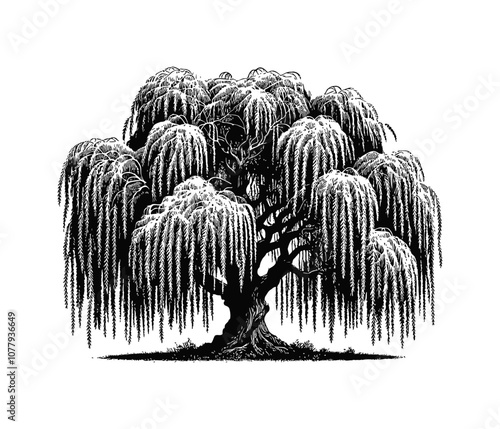 Babylon willow tree engraving black and white outline
