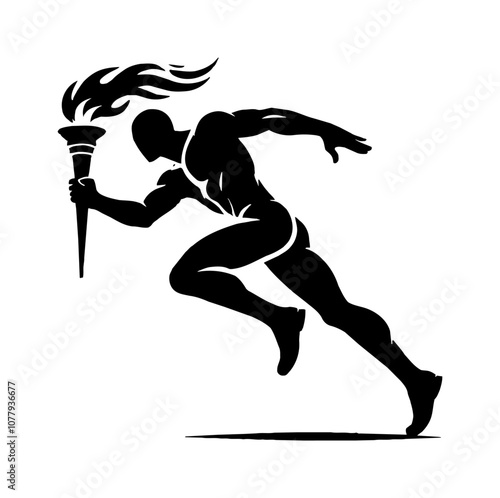 man run holding torch engraving black and white outline