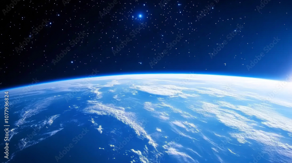 Obraz premium 3D planet earth in space universe with shiny star dark blue technology science background with copy space. astronomy starry sky shimmering glow wallpaper