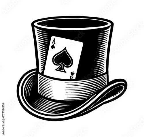 top hat with a spade card engraving black and white outline