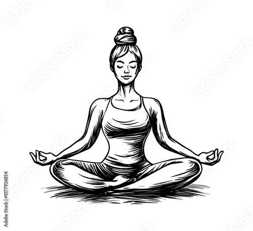 woman meditate engraving black and white outline