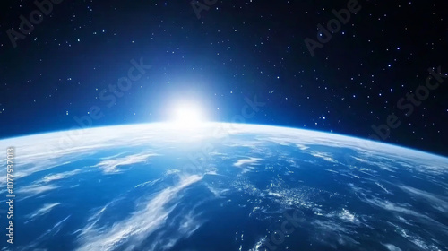 Fototapeta Naklejka Na Ścianę i Meble -  3D planet earth sunrise in space universe with shiny star white blue technology science background with copy space. astronomy starry sky shimmering glow wallpaper