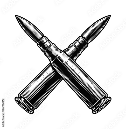 two crossed bullets engraving black and white outline