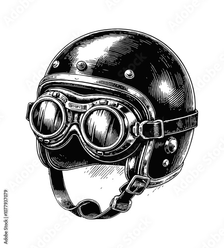 retro motorcycle helmet with goggles engraving black and white outline