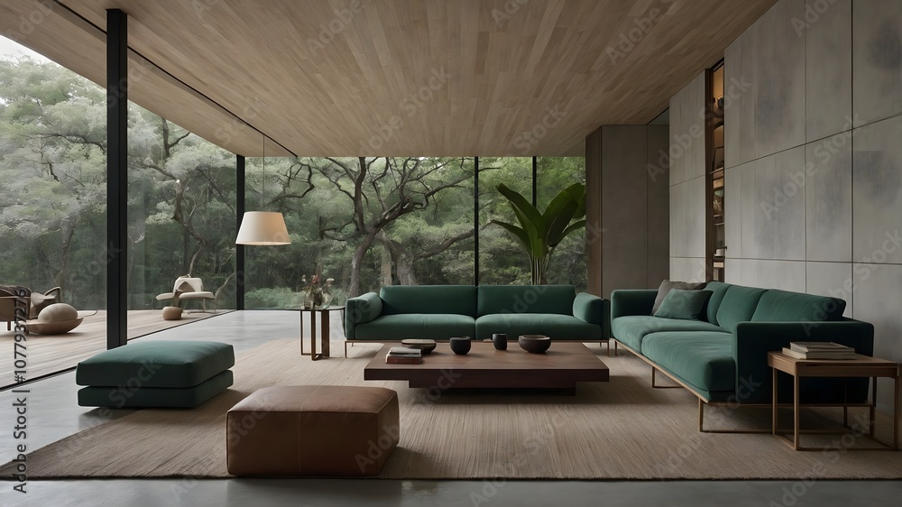 Fototapeta premium AI-generated minimalist living rooms blending Scandinavian and East Asian aesthetics, featuring natural materials, serene backdrops, and unique color accents