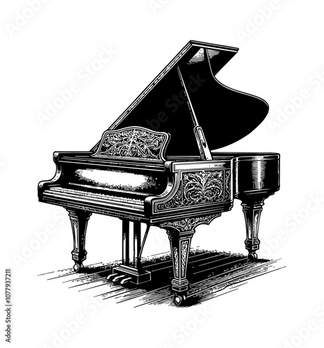piano engraving black and white outline