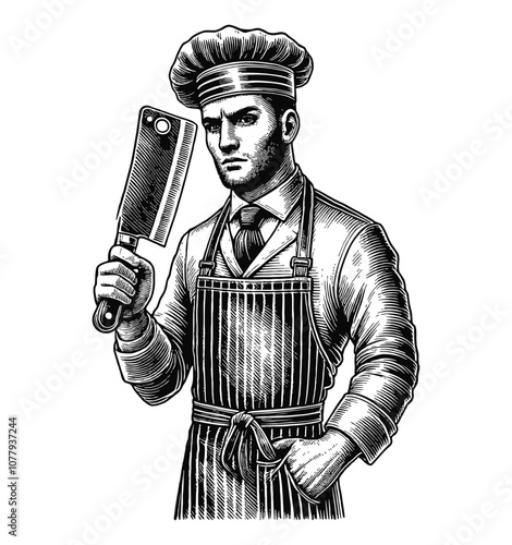 retro butcher holding cleaver knife engraving black and white outline