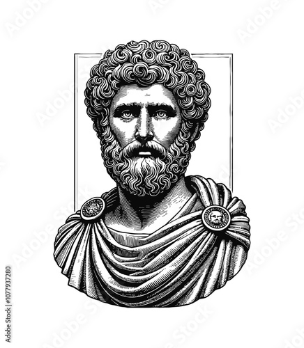 Roman Emperor bust engraving black and white outline