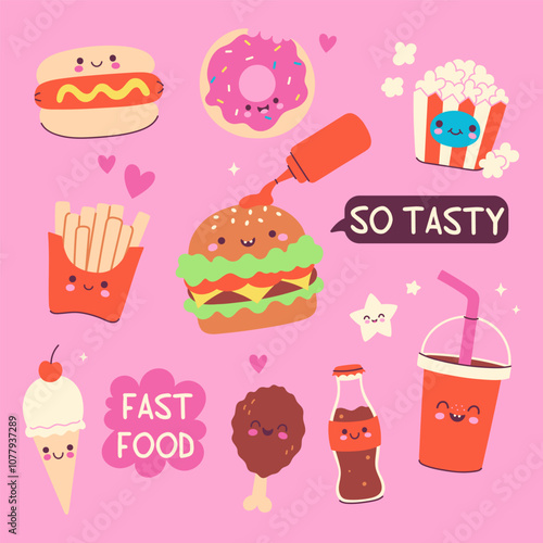 Set of cute fast food hot dog, burger, drinks, ice cream, chicken leg, pop corn, donut, french fries. Vector graphics.